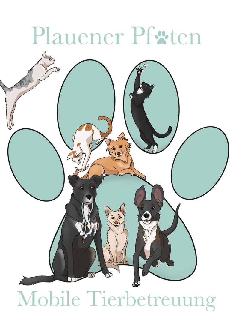 Mein Logo: türkiser Pfotenabdruck mit 3 Katzen und 4 Hunden